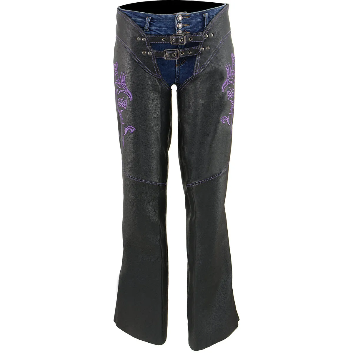 .Purple ML1187.08 Leather Chaps for Women Black and Purple Low-Rise Waist- Double Buckle Reflective Embroidery Motorcycle Chap- ML1187