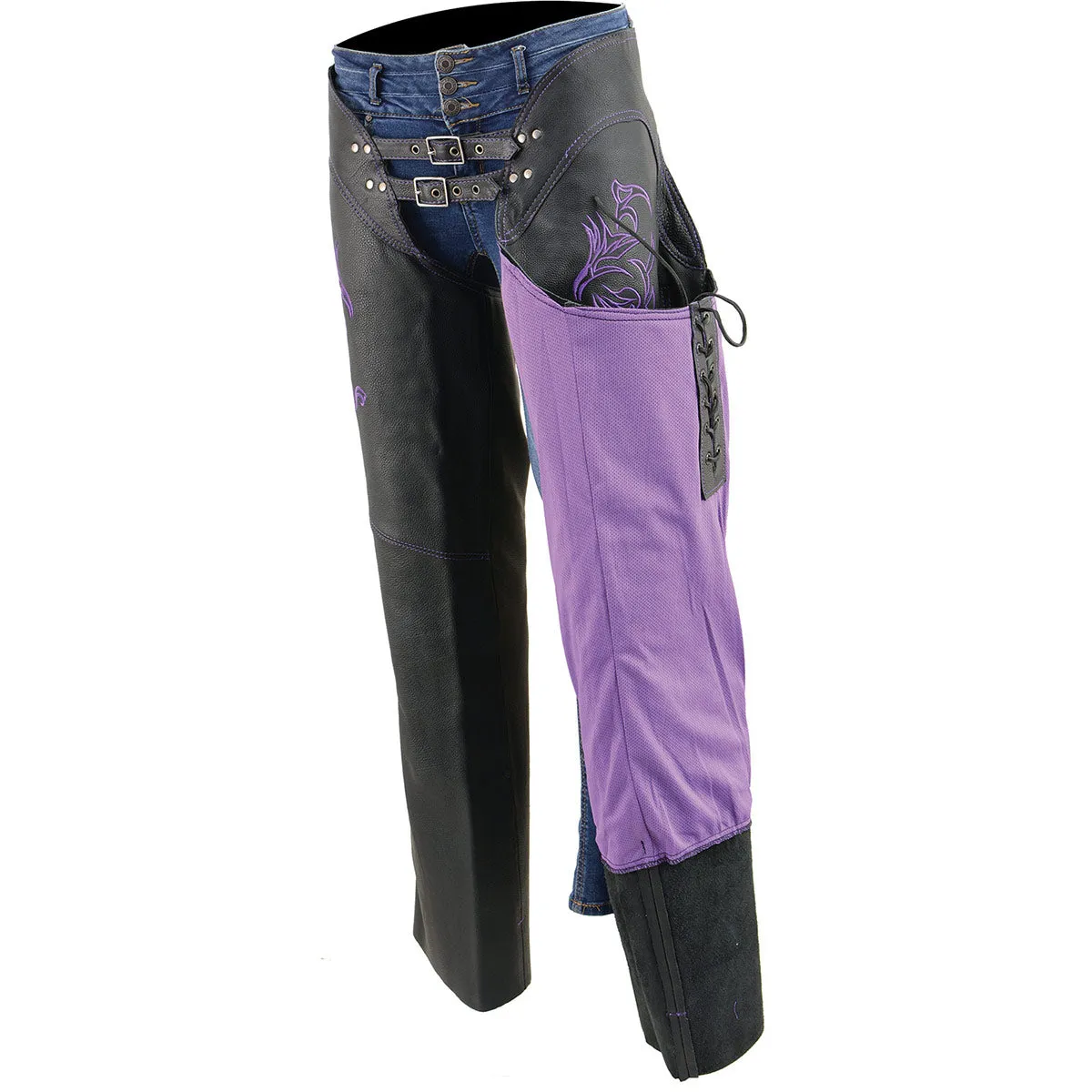 .Purple ML1187.08 Leather Chaps for Women Black and Purple Low-Rise Waist- Double Buckle Reflective Embroidery Motorcycle Chap- ML1187