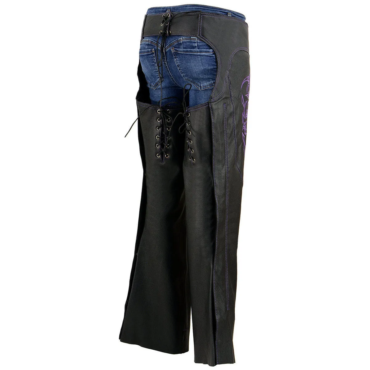 .Purple ML1187.08 Leather Chaps for Women Black and Purple Low-Rise Waist- Double Buckle Reflective Embroidery Motorcycle Chap- ML1187