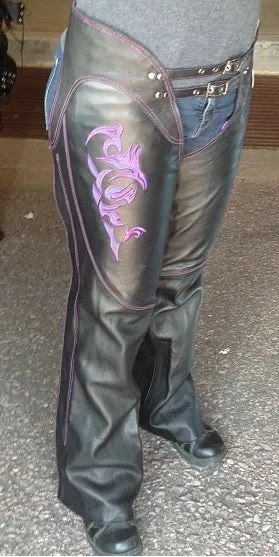 .Purple ML1187.08 Leather Chaps for Women Black and Purple Low-Rise Waist- Double Buckle Reflective Embroidery Motorcycle Chap- ML1187