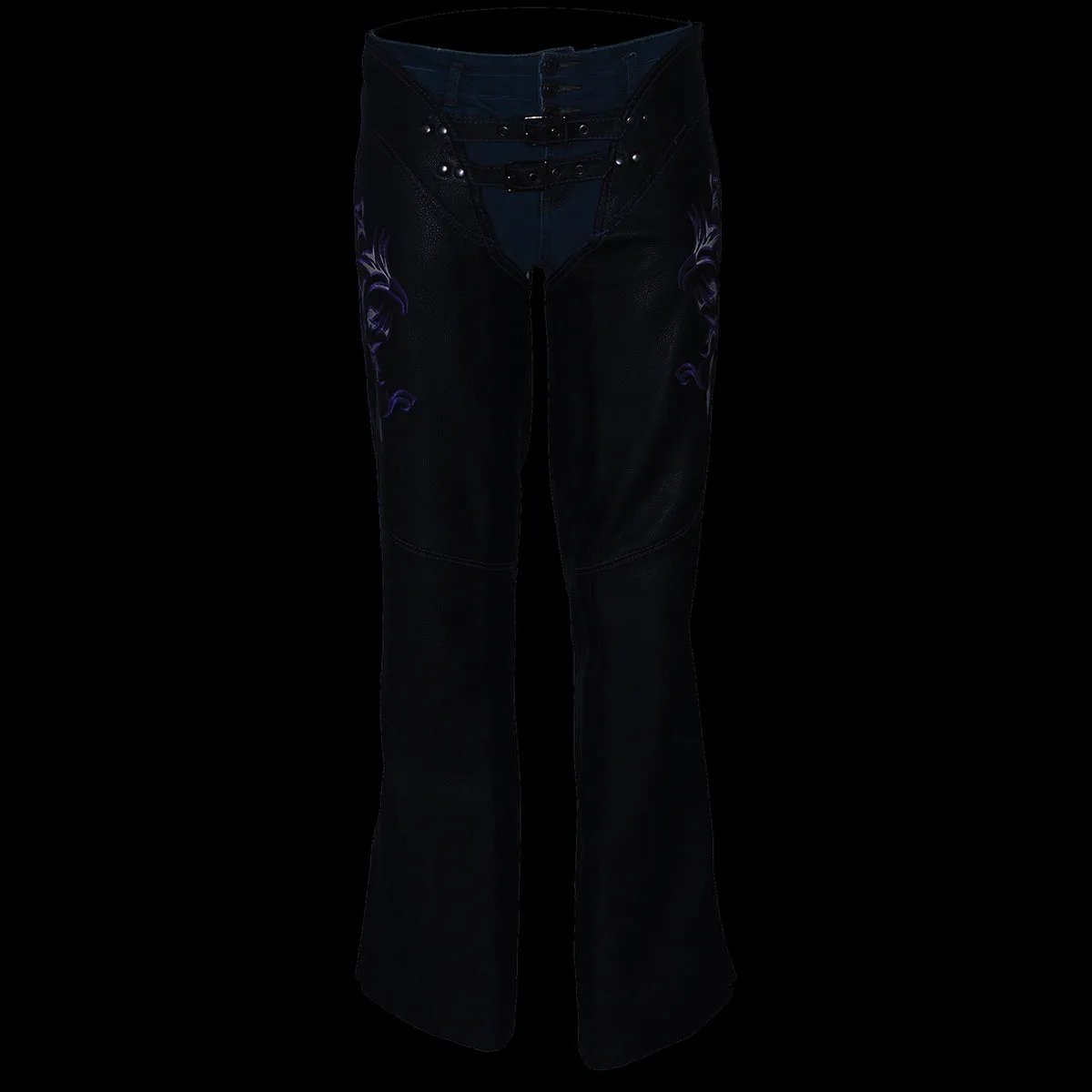 .Purple ML1187.08 Leather Chaps for Women Black and Purple Low-Rise Waist- Double Buckle Reflective Embroidery Motorcycle Chap- ML1187