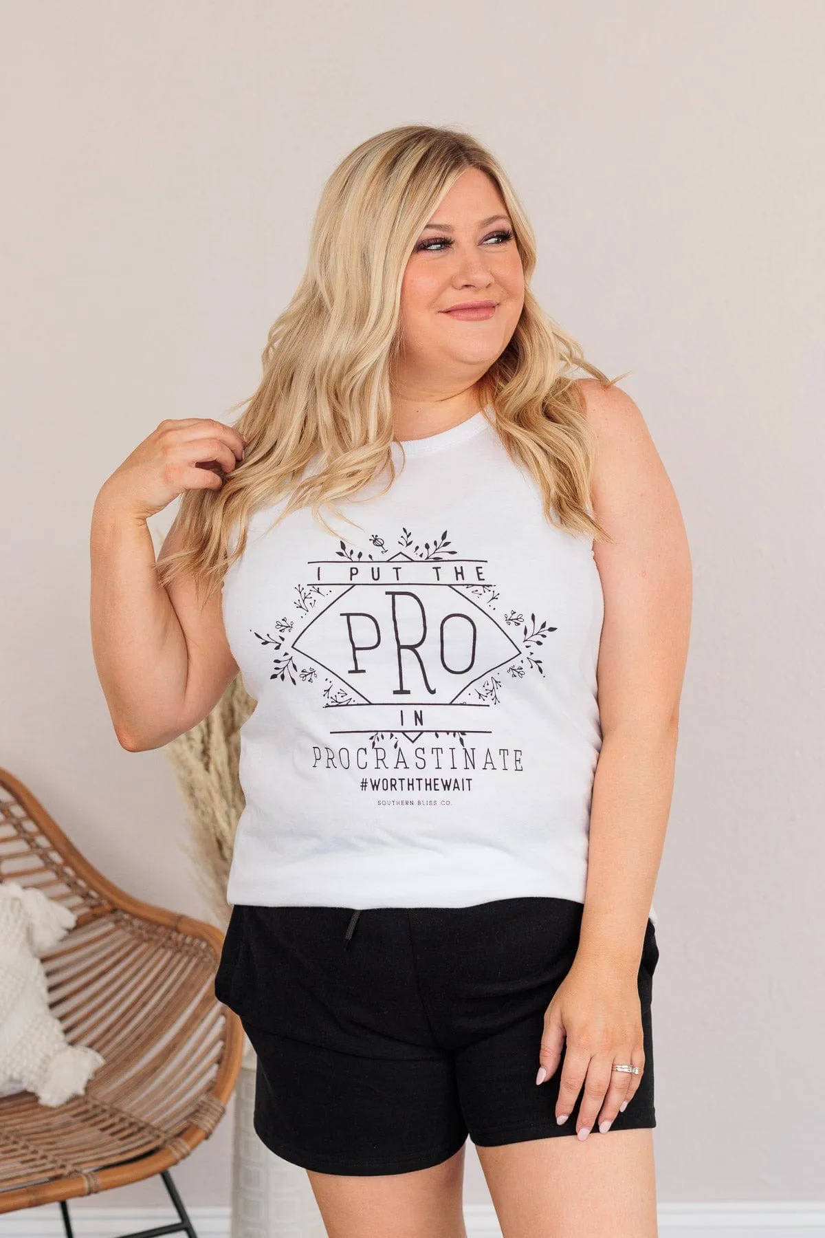 "I Put The Pro In Procrastinate" Graphic Tank Top- White