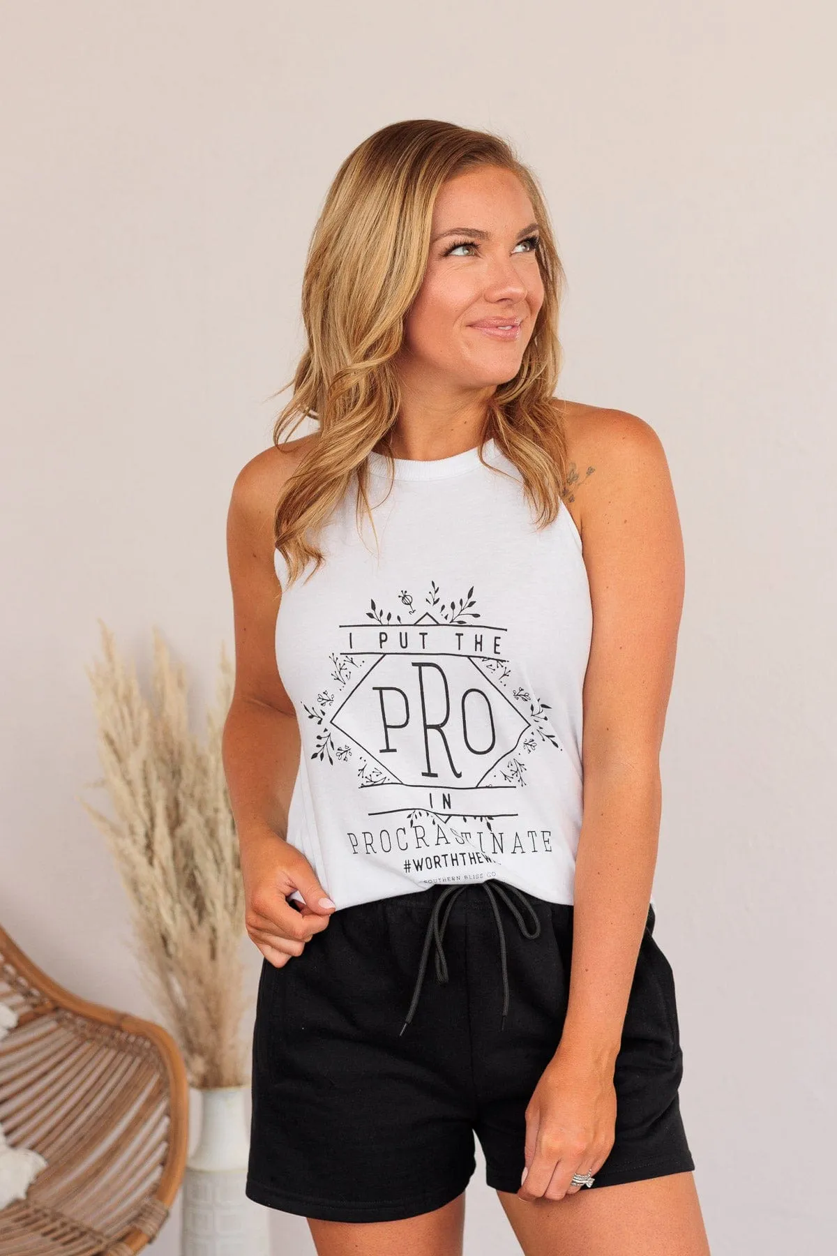 "I Put The Pro In Procrastinate" Graphic Tank Top- White