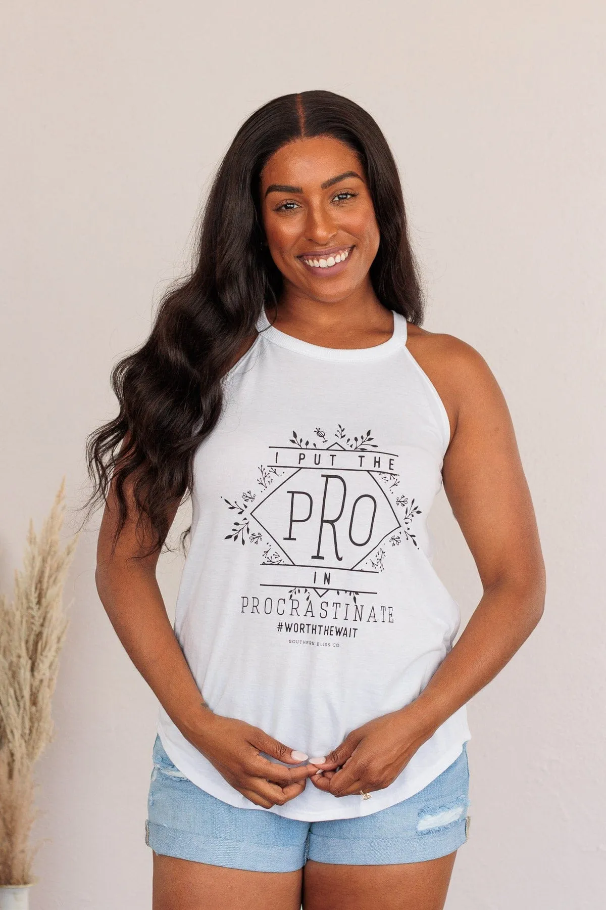 "I Put The Pro In Procrastinate" Graphic Tank Top- White