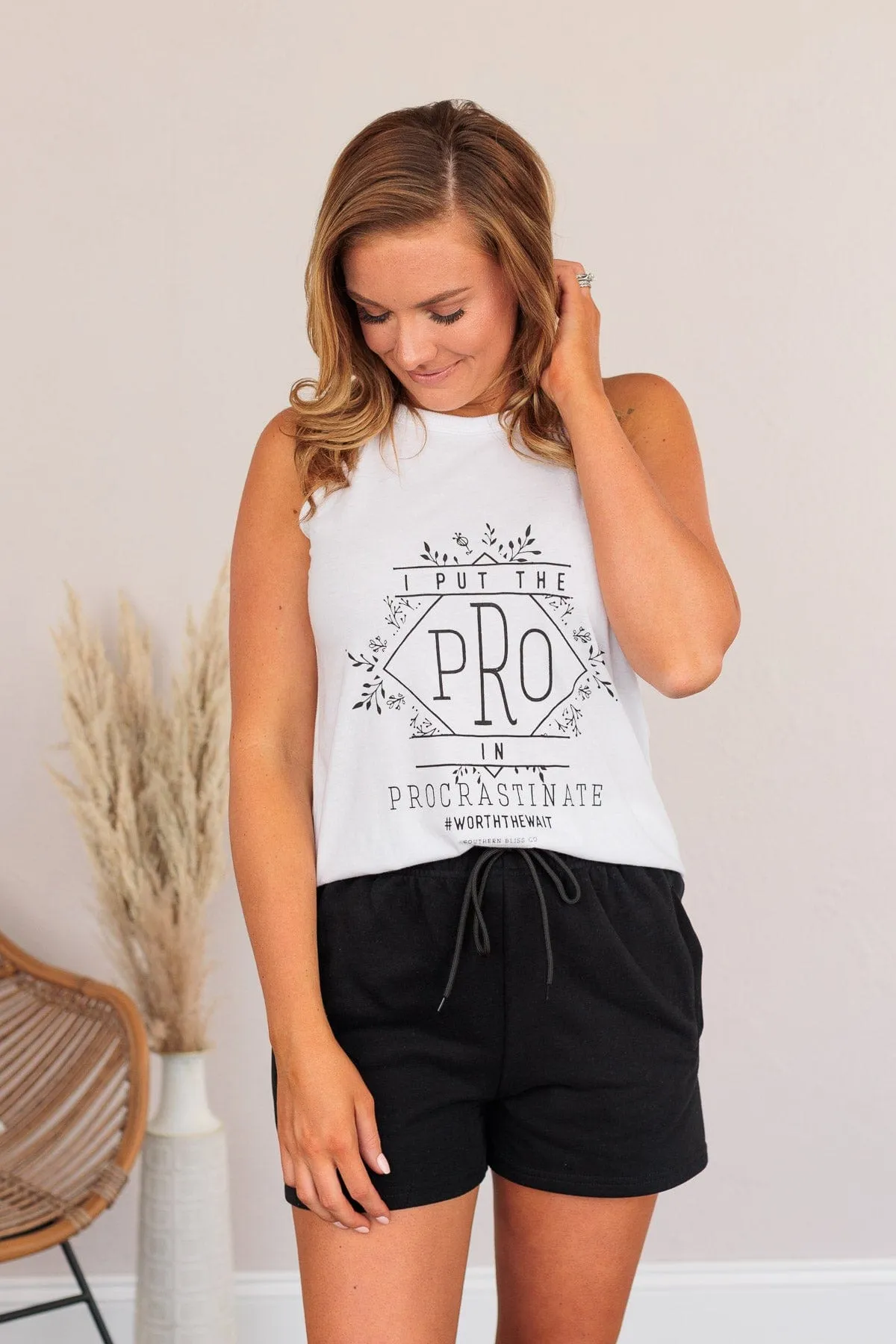 "I Put The Pro In Procrastinate" Graphic Tank Top- White
