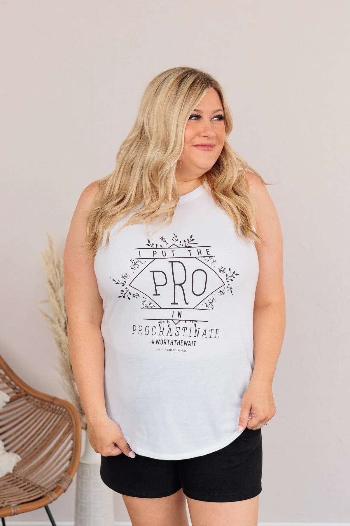 "I Put The Pro In Procrastinate" Graphic Tank Top- White