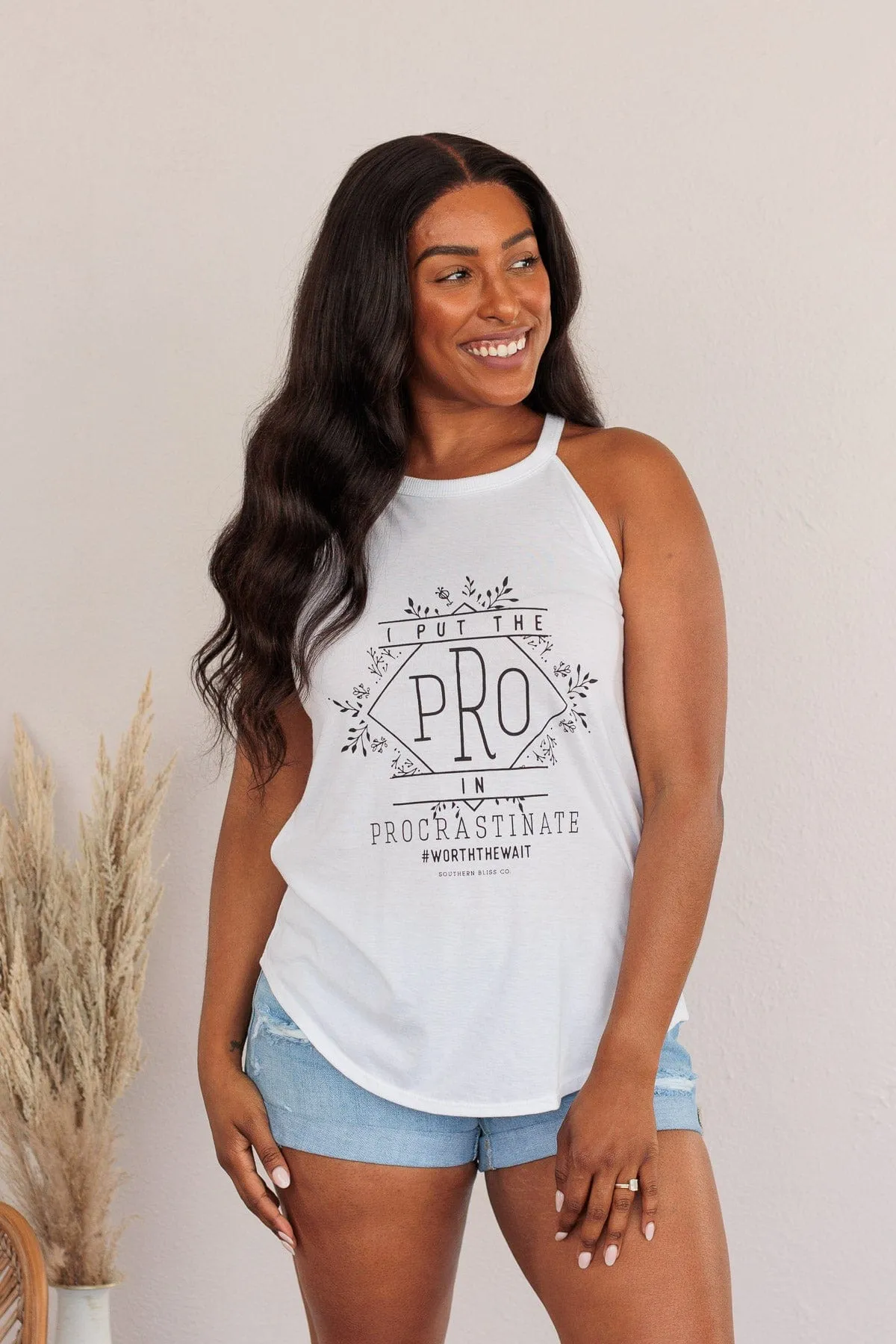 "I Put The Pro In Procrastinate" Graphic Tank Top- White