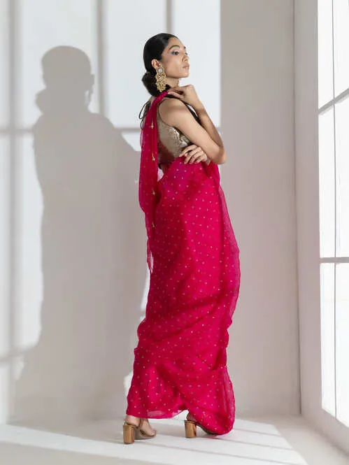Raspberry Organza Net Saree with Gold Print with Bronze Latkan