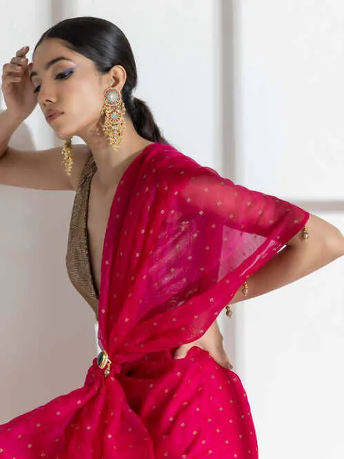 Raspberry Organza Net Saree with Gold Print with Bronze Latkan