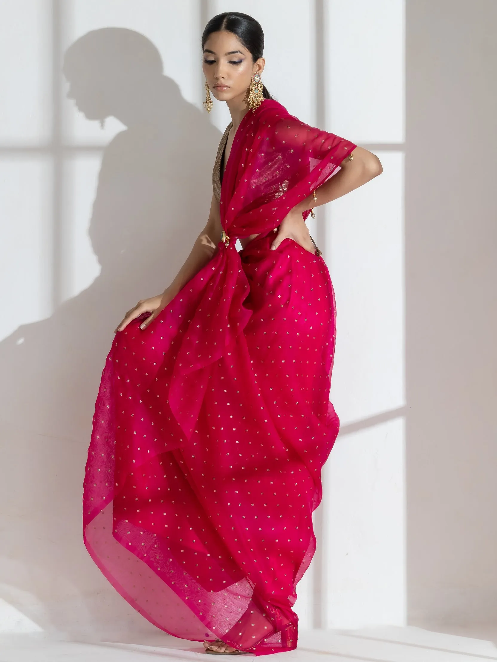 Raspberry Organza Net Saree with Gold Print with Bronze Latkan