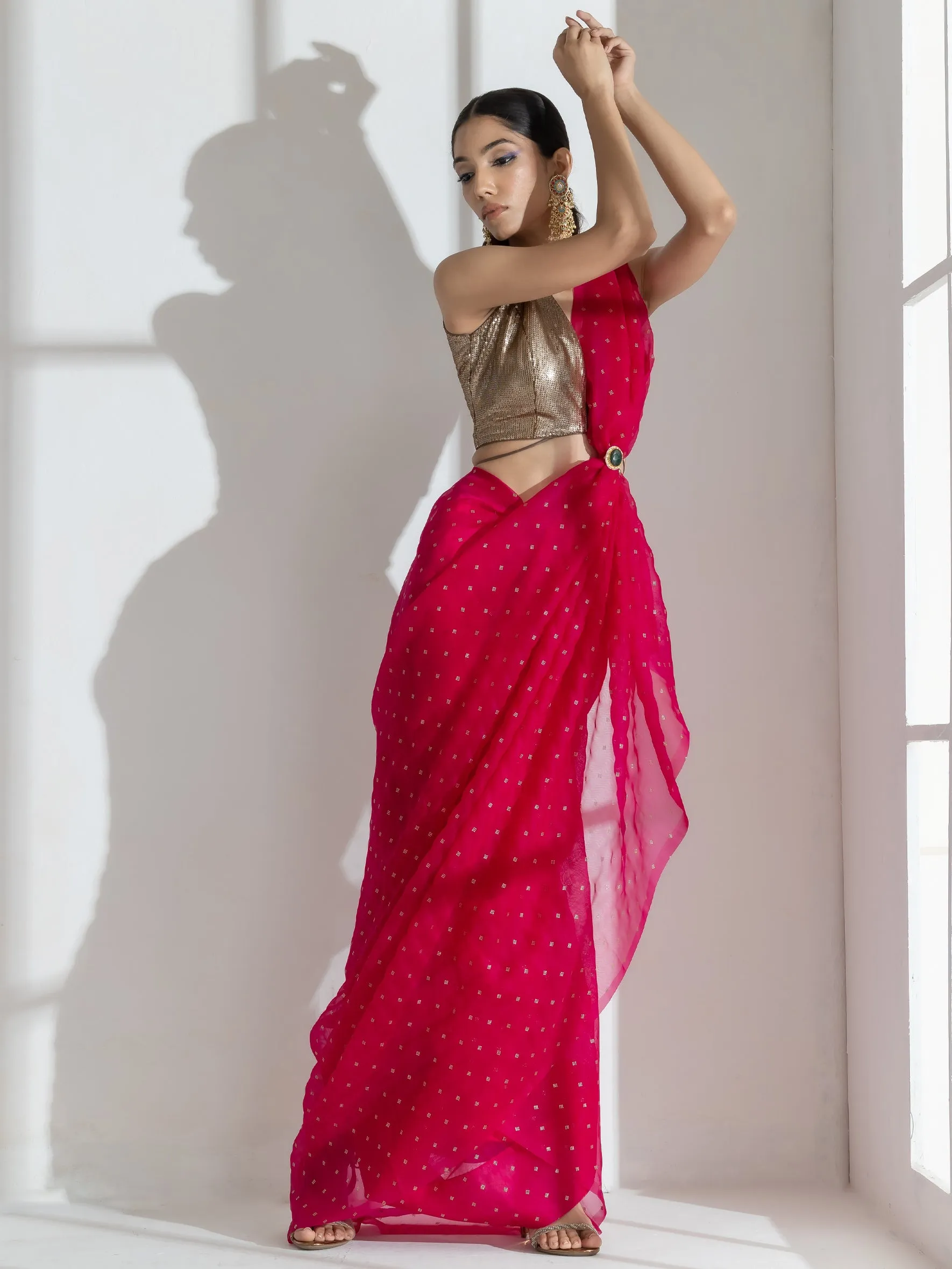 Raspberry Organza Net Saree with Gold Print with Bronze Latkan