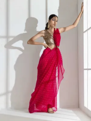 Raspberry Organza Net Saree with Gold Print with Bronze Latkan