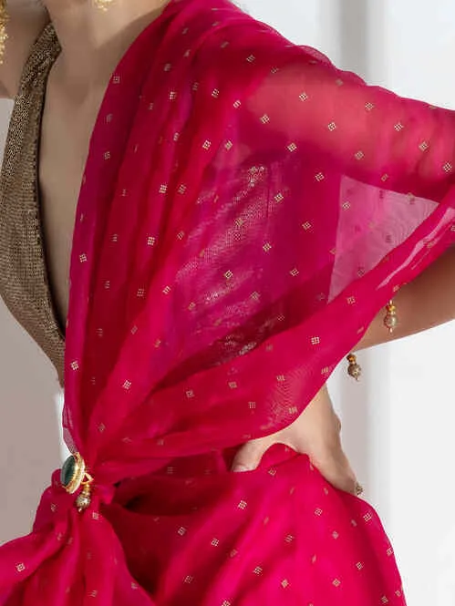 Raspberry Organza Net Saree with Gold Print with Bronze Latkan