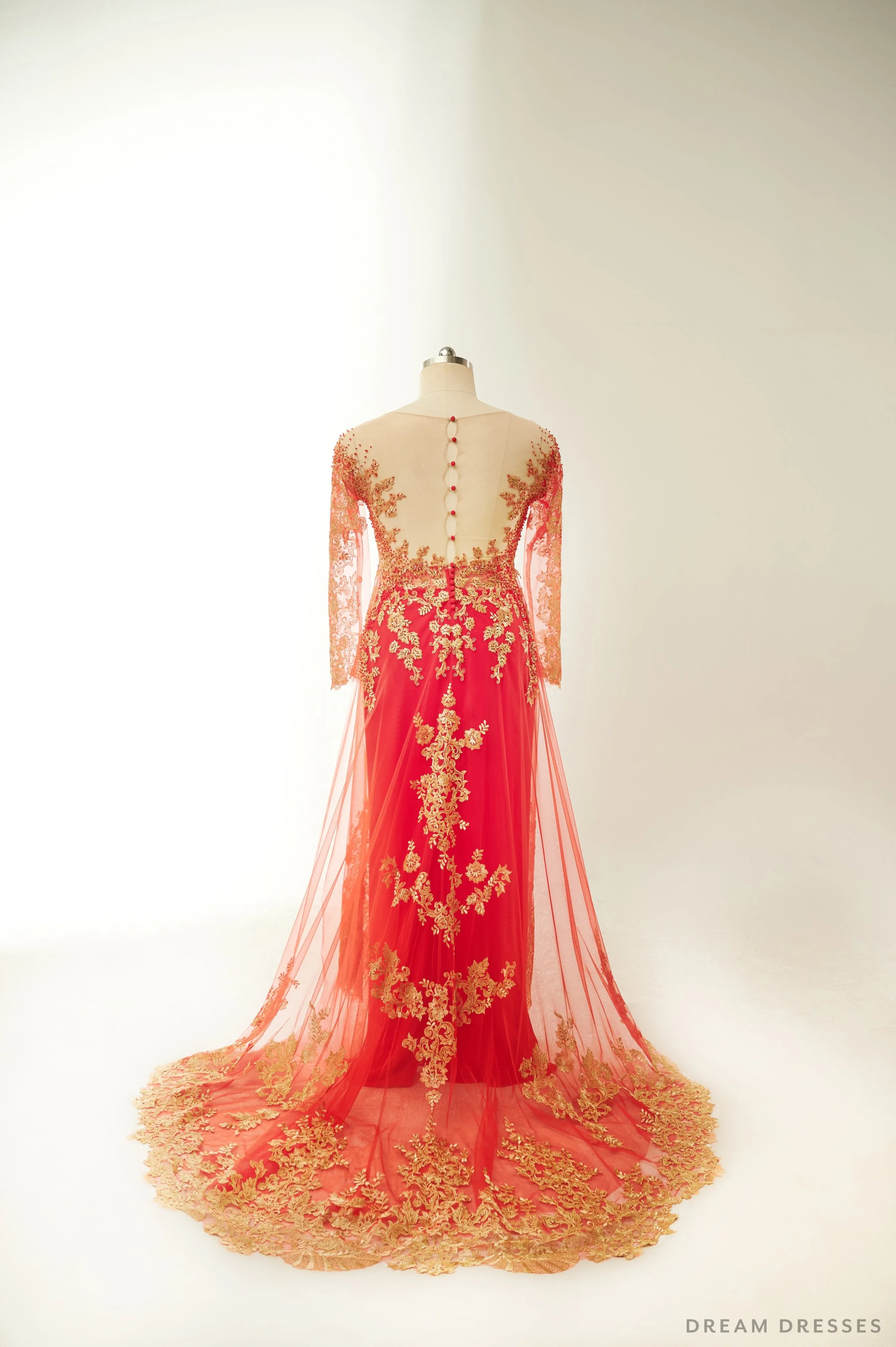 Red Bridal Ao Dai with Gold Lace | Vietnamese Bridal Dress (#FIORELLA)