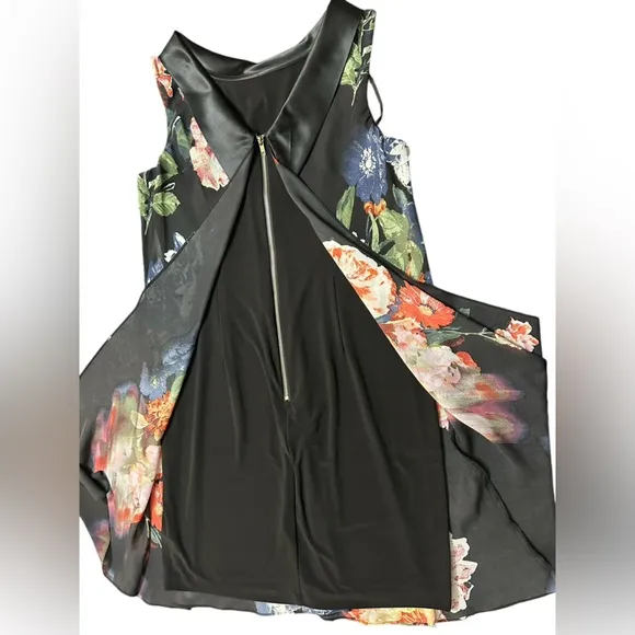 Retro Floral Print Chiffon Overlay Black Multi Colored Dress Wedding Size 12
