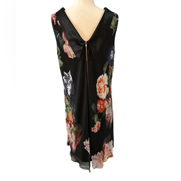 Retro Floral Print Chiffon Overlay Black Multi Colored Dress Wedding Size 12