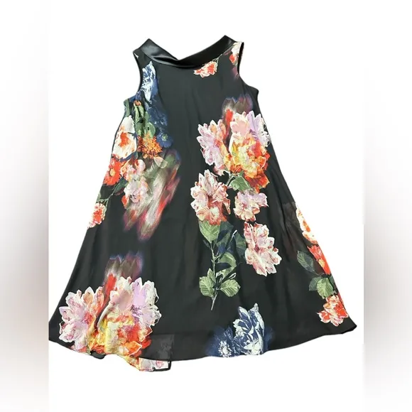 Retro Floral Print Chiffon Overlay Black Multi Colored Dress Wedding Size 12