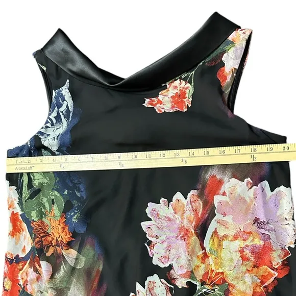 Retro Floral Print Chiffon Overlay Black Multi Colored Dress Wedding Size 12