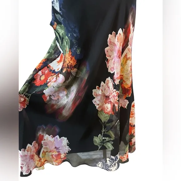 Retro Floral Print Chiffon Overlay Black Multi Colored Dress Wedding Size 12