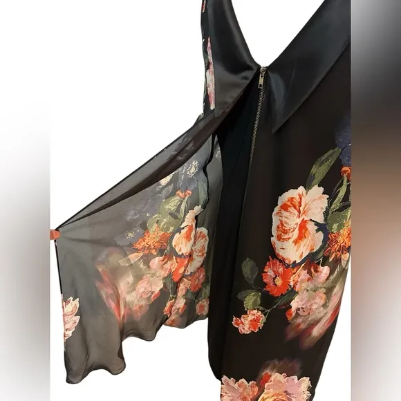 Retro Floral Print Chiffon Overlay Black Multi Colored Dress Wedding Size 12