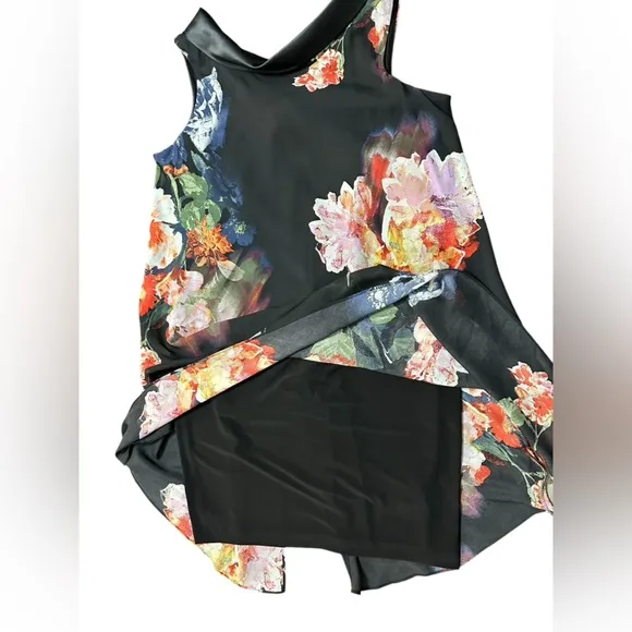 Retro Floral Print Chiffon Overlay Black Multi Colored Dress Wedding Size 12