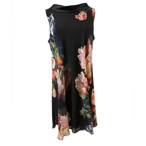 Retro Floral Print Chiffon Overlay Black Multi Colored Dress Wedding Size 12