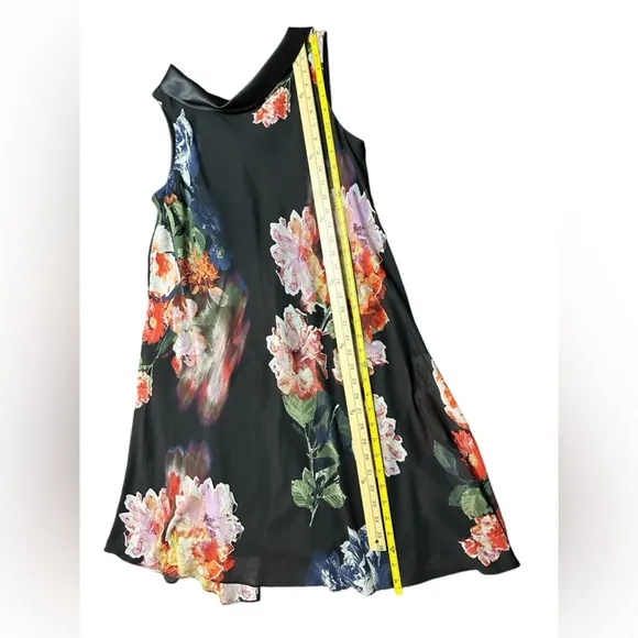 Retro Floral Print Chiffon Overlay Black Multi Colored Dress Wedding Size 12