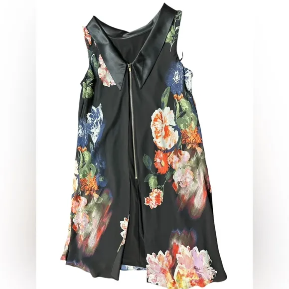 Retro Floral Print Chiffon Overlay Black Multi Colored Dress Wedding Size 12