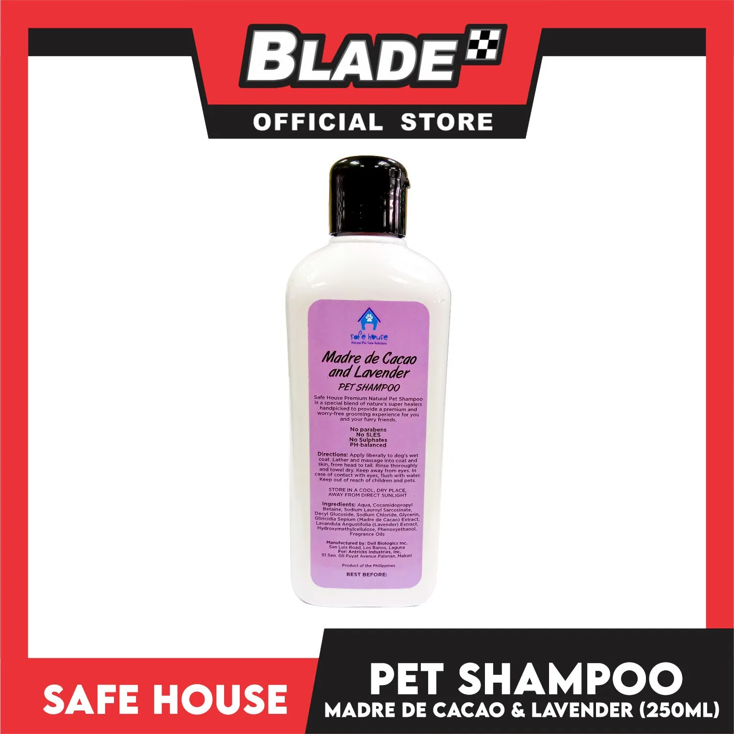 Safe House Natural Pet Care Solutions Pet Shampoo 250ml (Madre de Cacao and Lavender) Soothing
