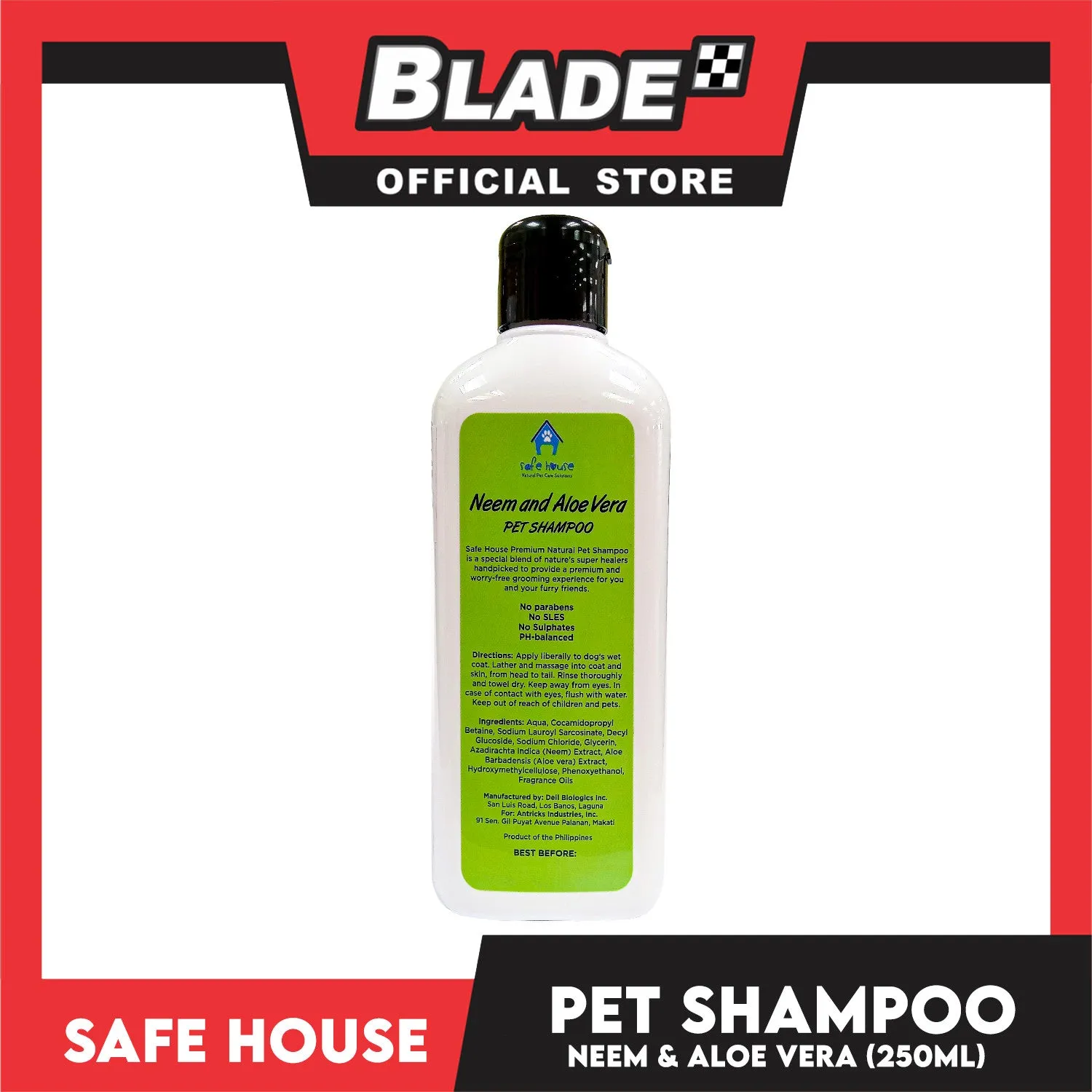 Safe House Natural Pet Care Solutions Pet Shampoo 250ml (Neem and Aloe Vera) Moisturizing