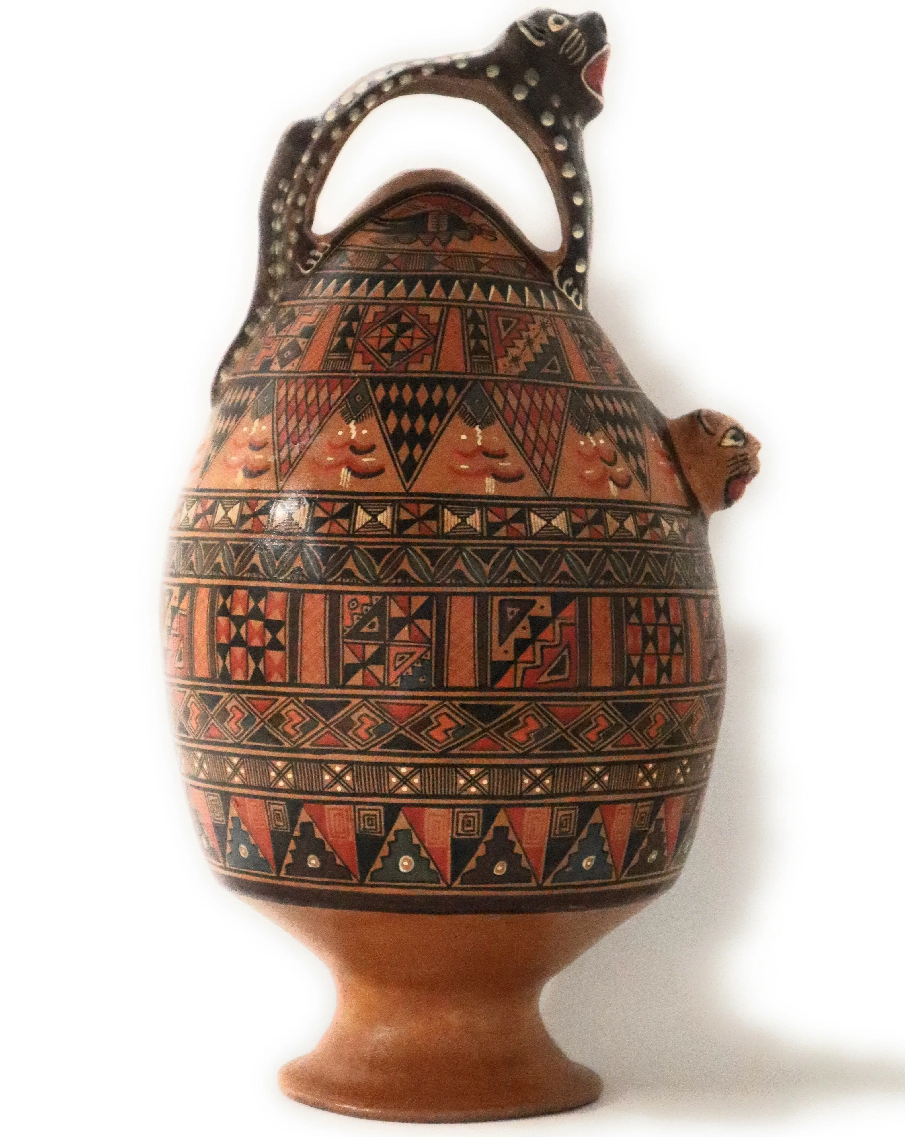 Salamanca Large Jar Pitcher Hand Painted Andean Mountain Cat Handle. 15" Tall