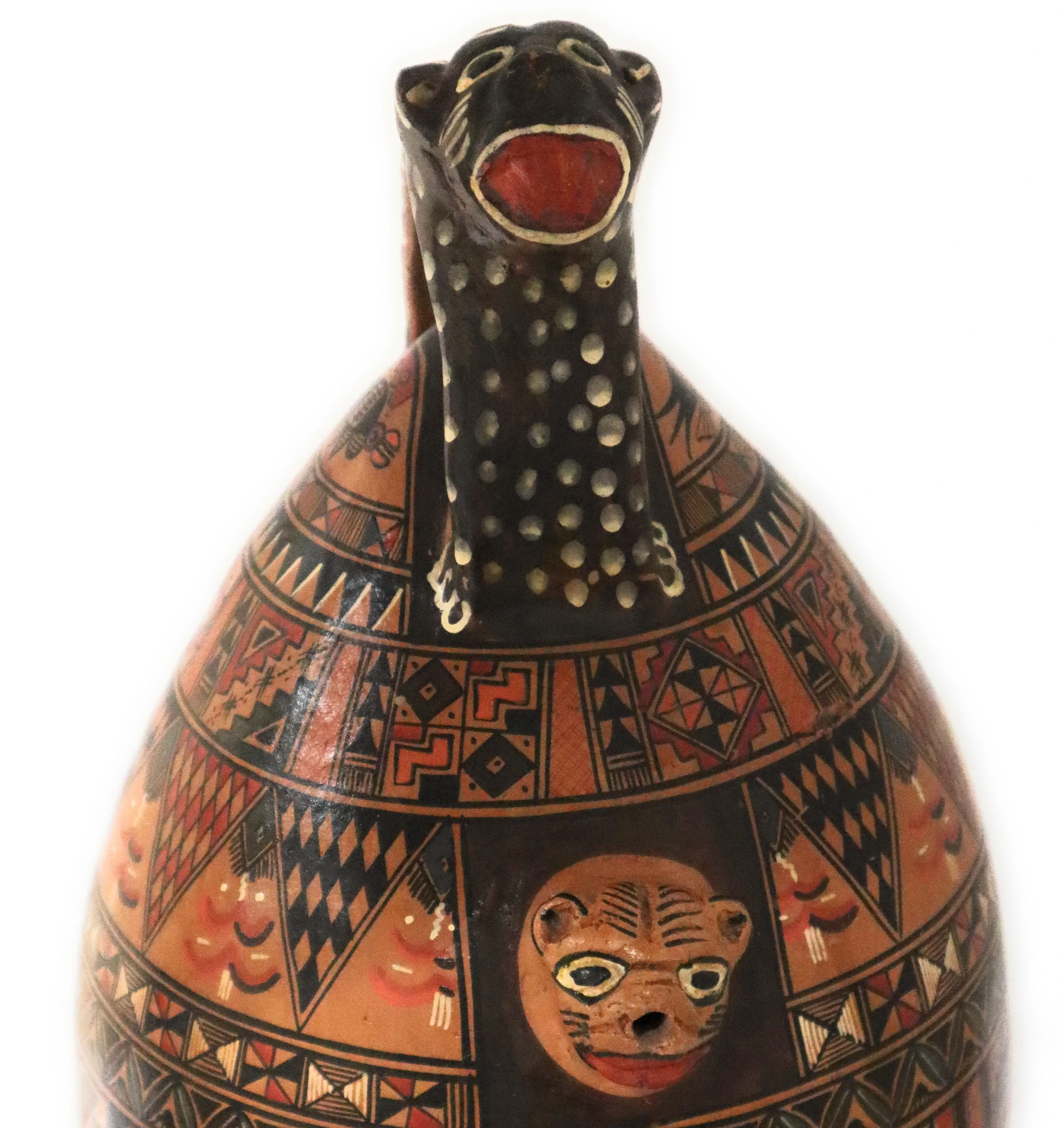 Salamanca Large Jar Pitcher Hand Painted Andean Mountain Cat Handle. 15" Tall