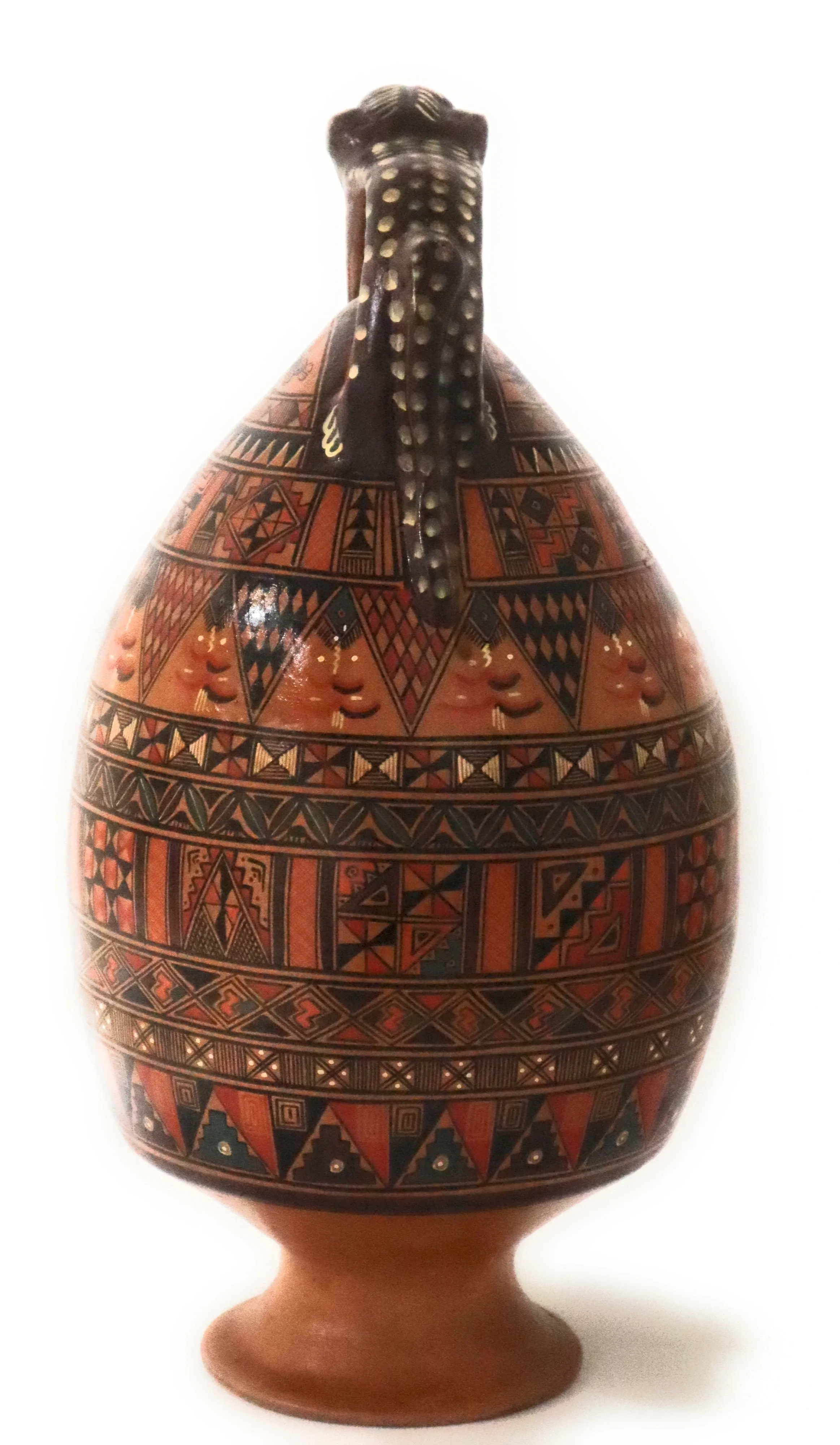 Salamanca Large Jar Pitcher Hand Painted Andean Mountain Cat Handle. 15" Tall