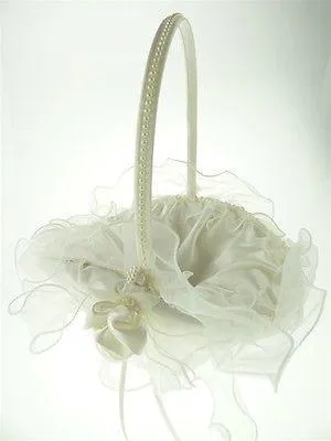 Satin Flower Girl Baskets Wedding Ceremony, 8-inch, Ruffled Organza (Oval), Ivory