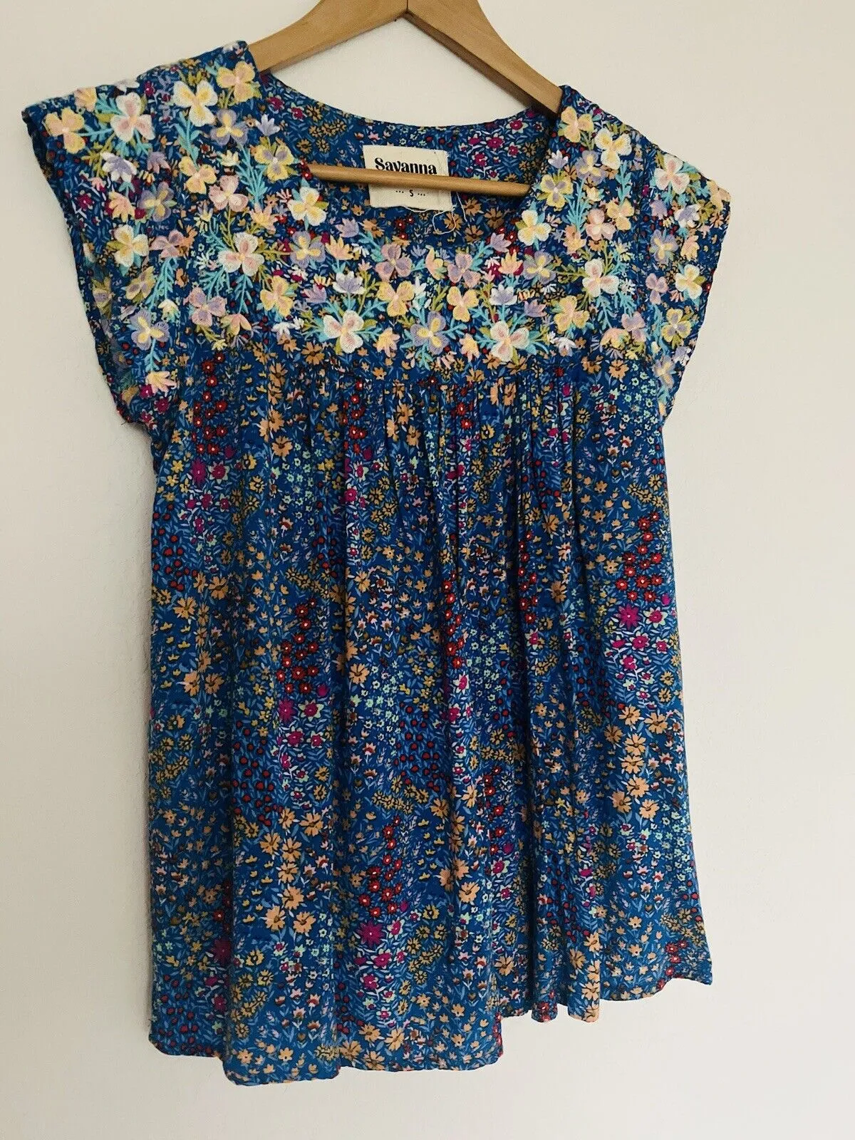 Savanna Jane Ditsy Floral Top Sz S Embroidered Flowy Crop Blouse Boho Hippie