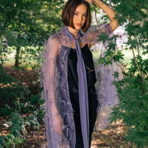 Silk Organza Cape w. Scattered Ostrich Feathers