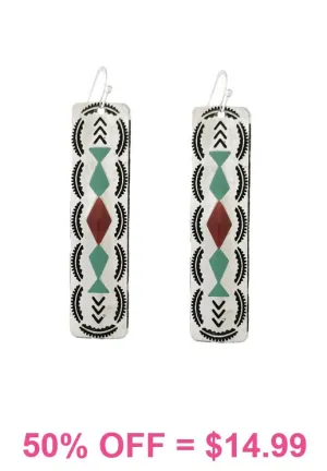 Silver rectangle bar earrings with tribal designs