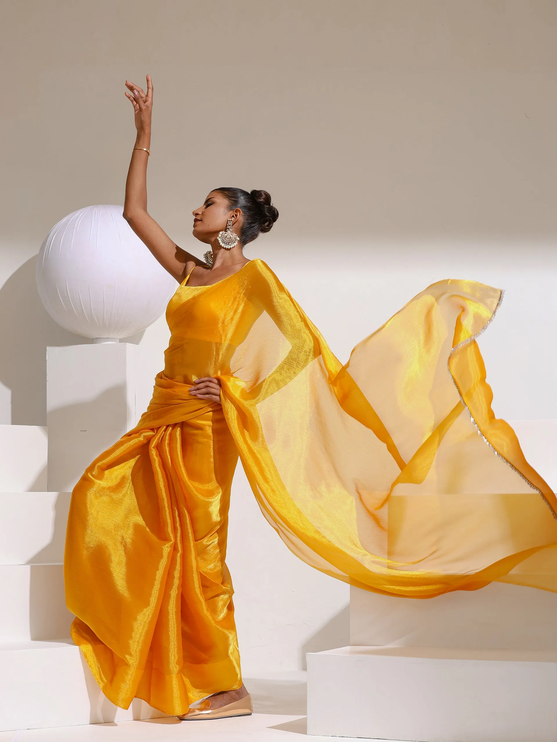 Sizzlin Saffron Organza Chiffon saree  with Rainbow Stone Lace and Self Blouse Fabric