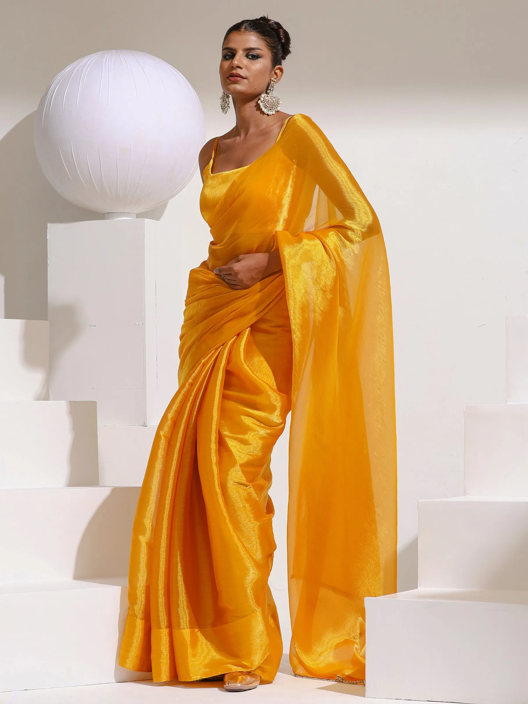 Sizzlin Saffron Organza Chiffon saree  with Rainbow Stone Lace and Self Blouse Fabric