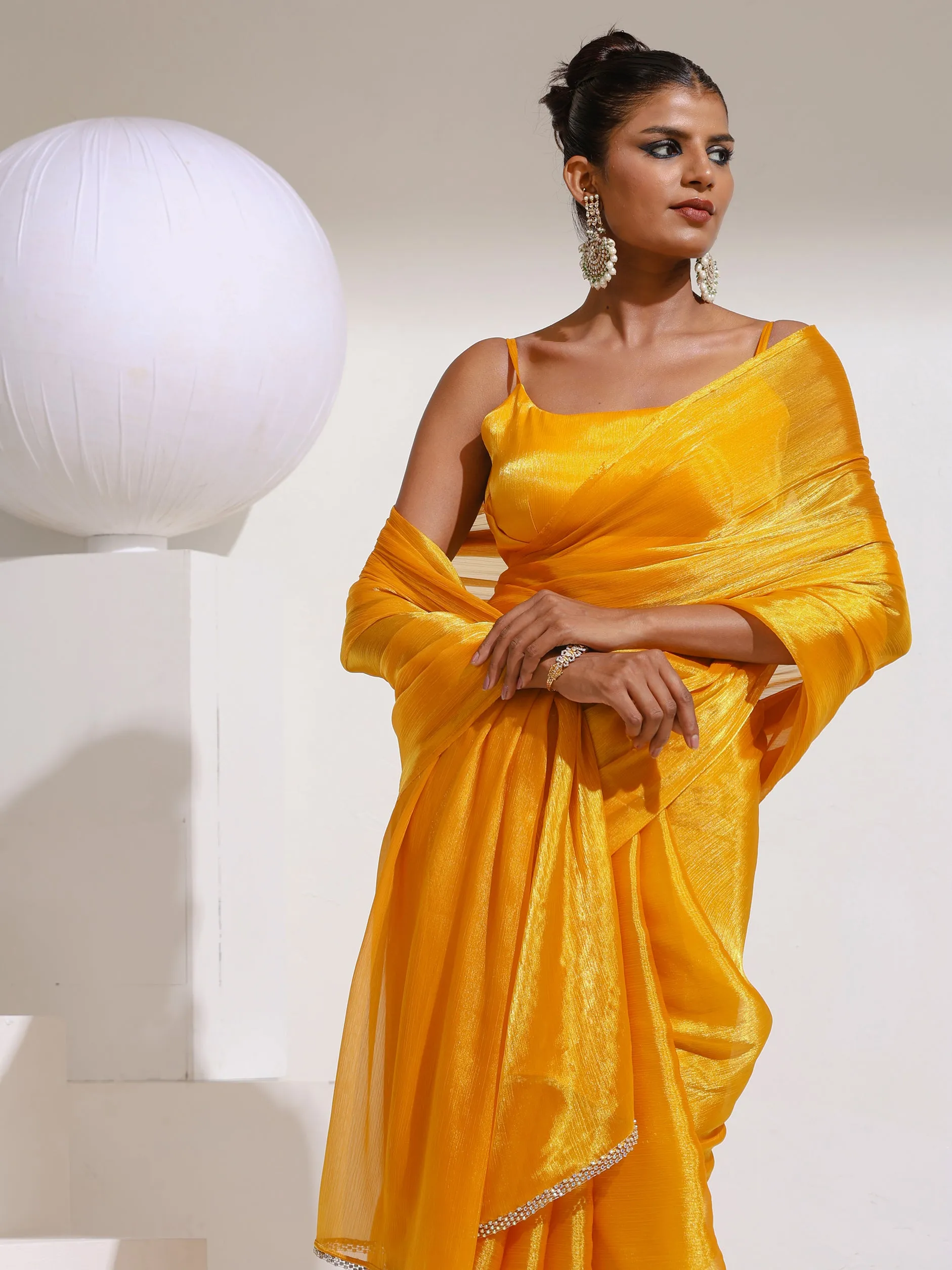 Sizzlin Saffron Organza Chiffon saree  with Rainbow Stone Lace and Self Blouse Fabric