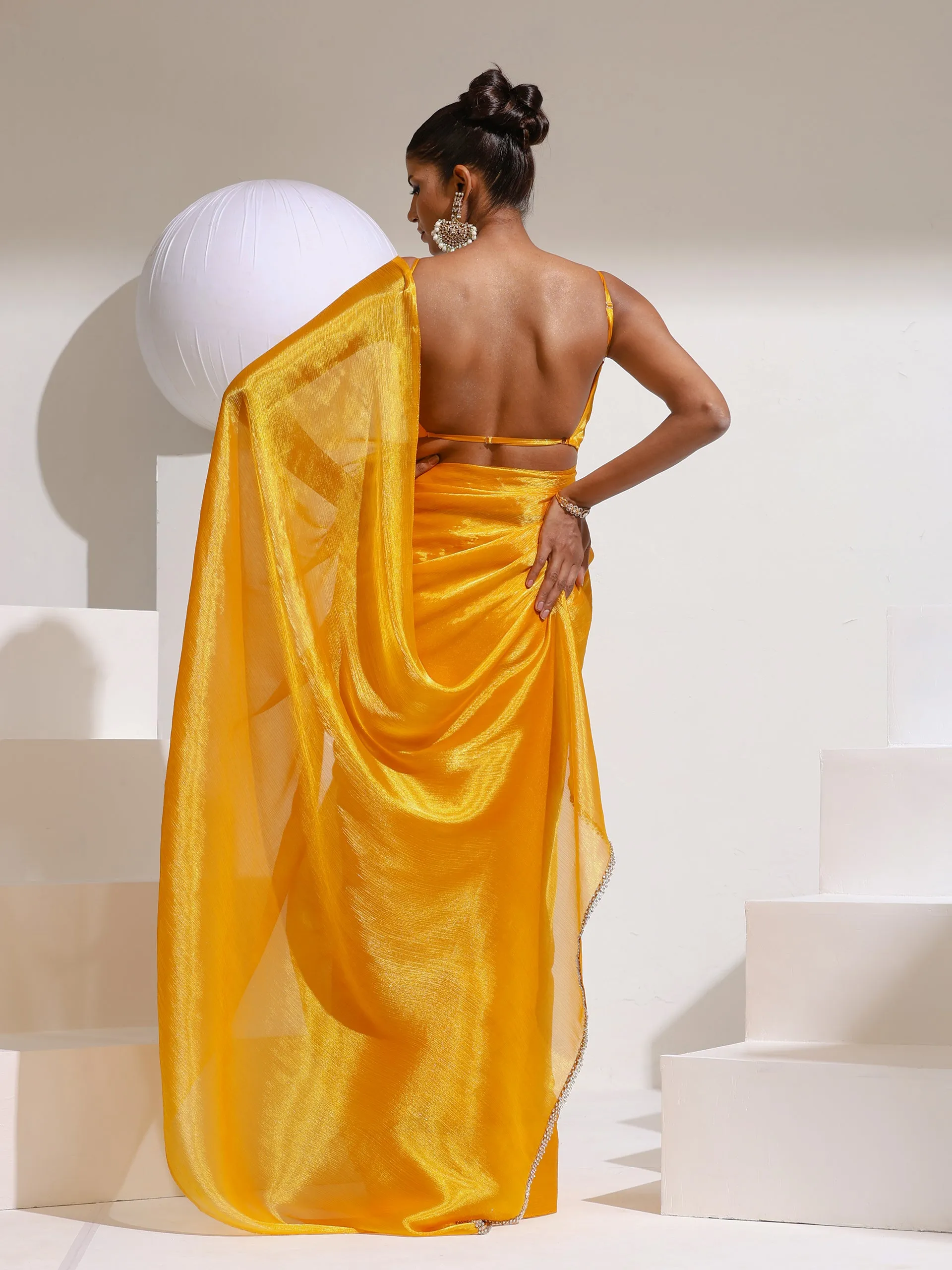 Sizzlin Saffron Organza Chiffon saree  with Rainbow Stone Lace and Self Blouse Fabric