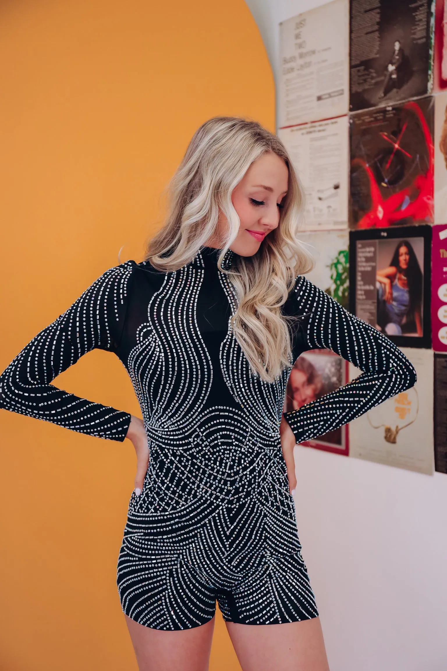 Suri Mesh Rhinestone Bodycon Romper - Black
