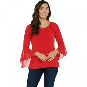 Susan Graver Women's Liquid Knit Top With Sheer Chiffon Bell Sleeves