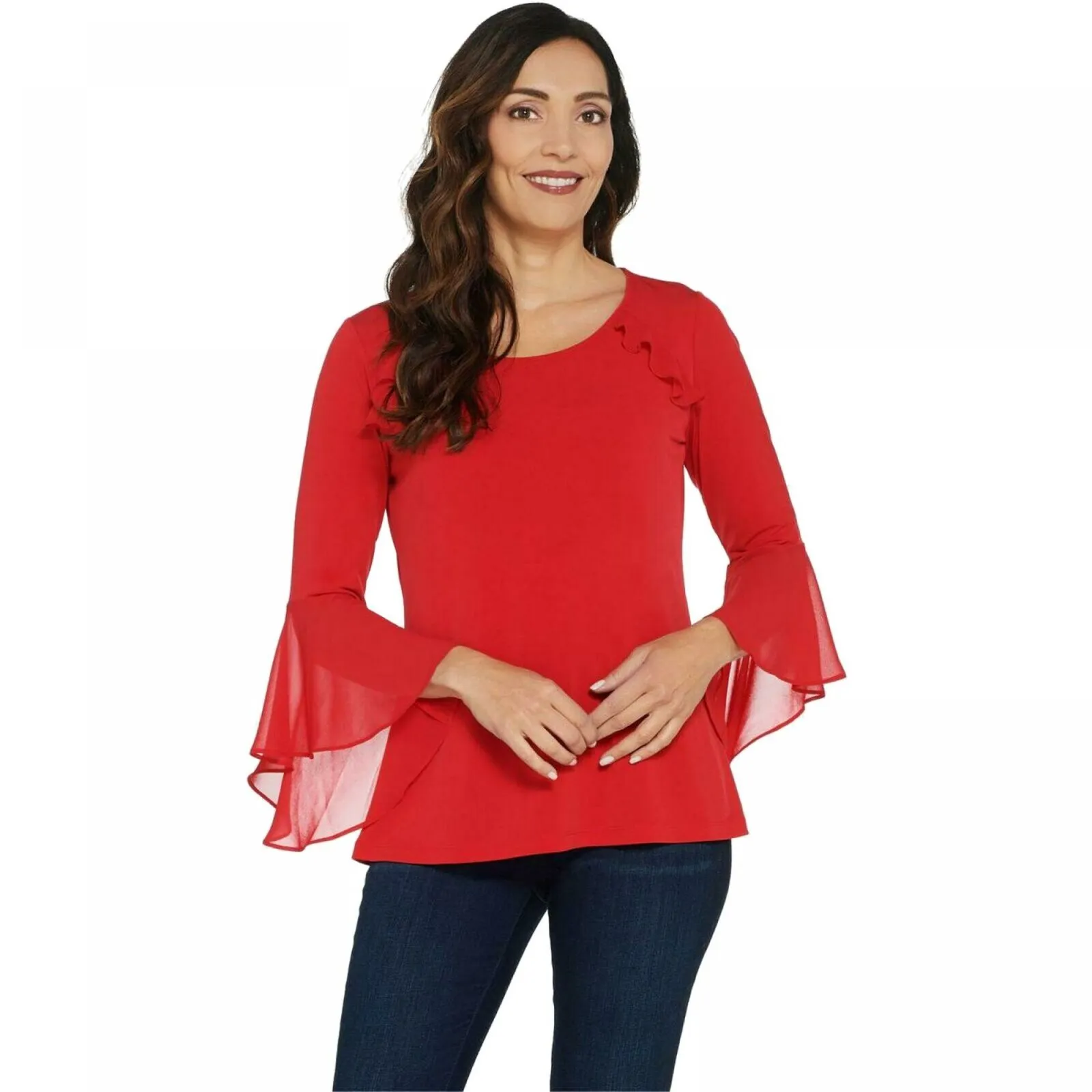 Susan Graver Women's Liquid Knit Top With Sheer Chiffon Bell Sleeves