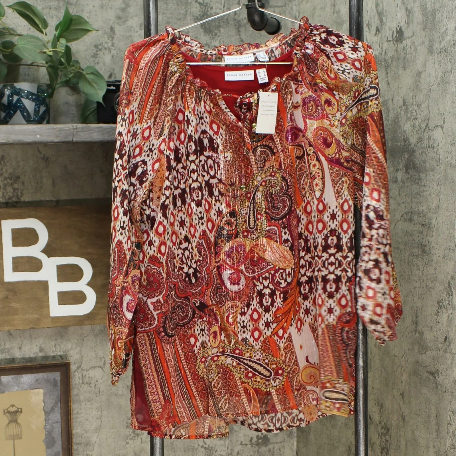 Susan Graver Women's Printed Sheer Chiffon Peasant Top and Knit Tank Top