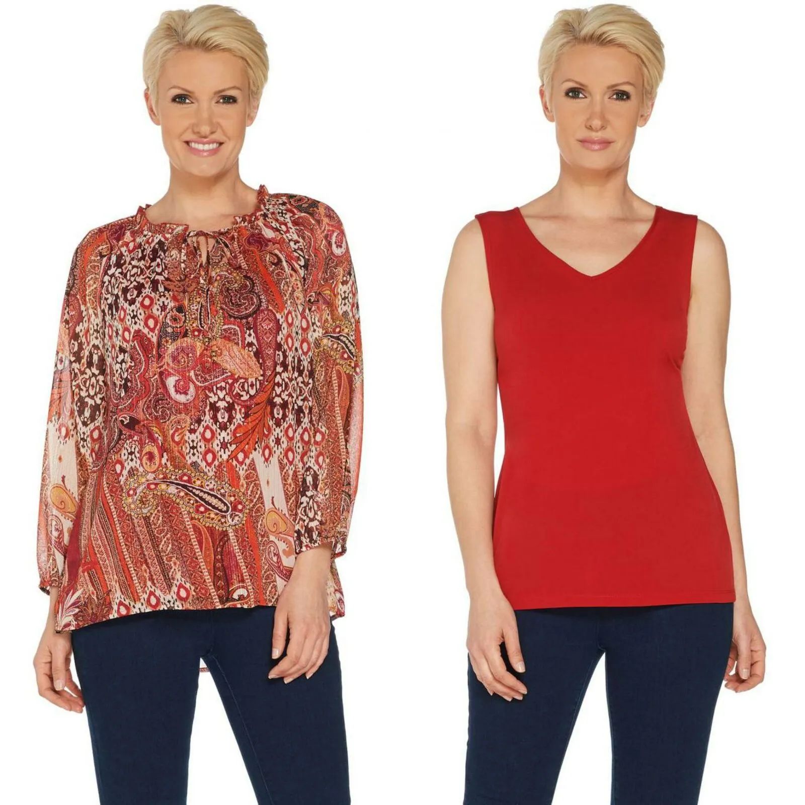 Susan Graver Women's Printed Sheer Chiffon Peasant Top and Knit Tank Top