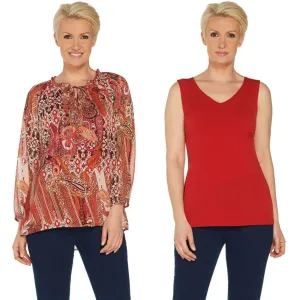Susan Graver Women's Printed Sheer Chiffon Peasant Top and Knit Tank Top