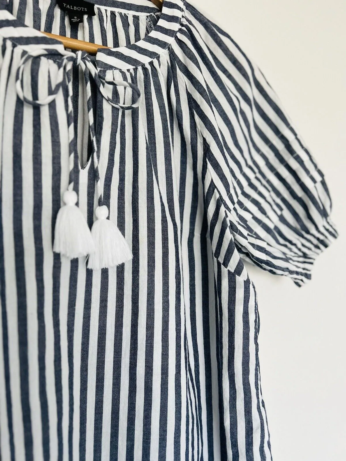 TALBOTS Tassel Tie Neck Blouse Sz S White Black Stripe Shirt Ruche Sleeve Boho