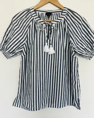 TALBOTS Tassel Tie Neck Blouse Sz S White Black Stripe Shirt Ruche Sleeve Boho