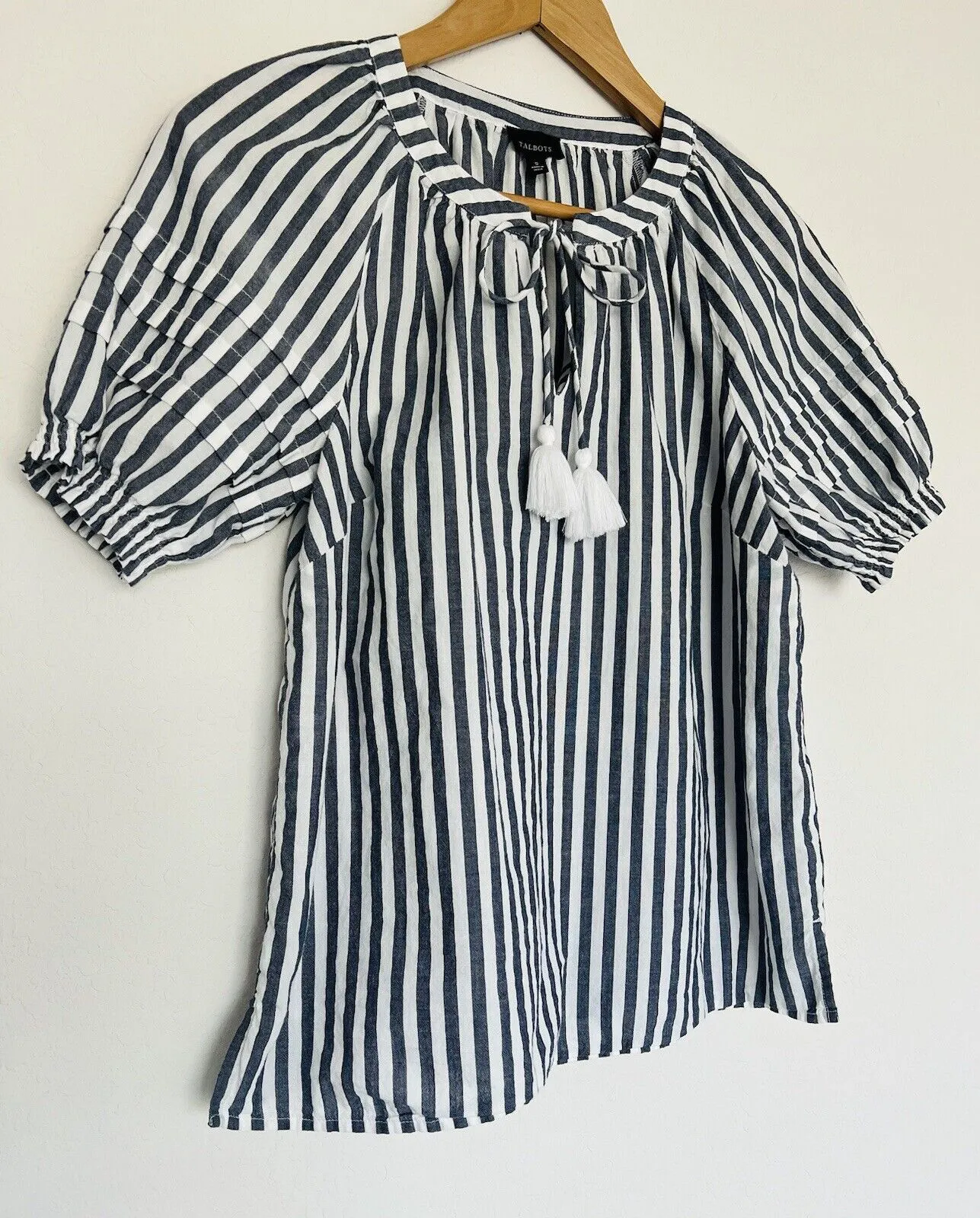 TALBOTS Tassel Tie Neck Blouse Sz S White Black Stripe Shirt Ruche Sleeve Boho